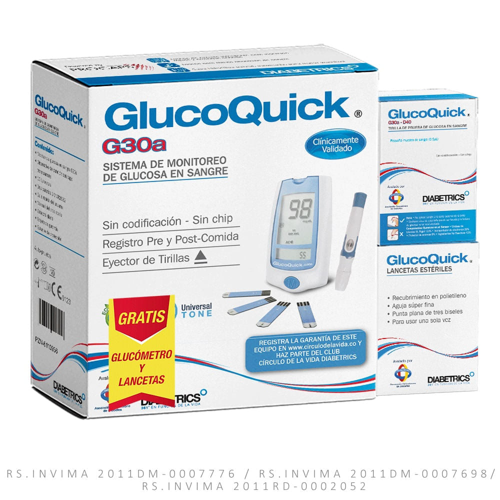 Tiras Glucoquic 50 U + Glucómetro G30A + Lancetas 50 U